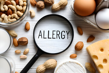 Magnifying glass showing allergy text surrounded by common allergenic foods