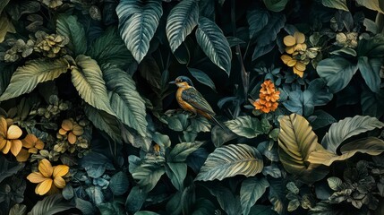 Lush tropical foliage backdrop with a small bird perched amongst vibrant green and yellow leaves and flowers.