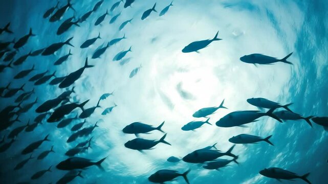 Underwater video scene with a school of fish swimming in a spiral pattern. Shot from below, capturing the sunlit water surface above. Live desktop wallpaper.