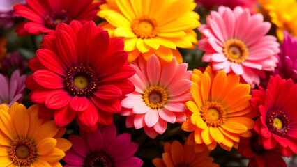 Floral Fiesta: A vibrant collection of Gerberas bursts forth, a kaleidoscope of brilliant hues showcasing nature's artistry. These radiant blooms, in an up-close, high-angle view.