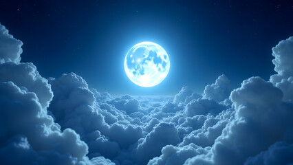 Serene Moonlit Cloudscape: A breathtaking view of a luminous full moon shining brightly above a sea of fluffy clouds, creating a magical and serene nightscape.