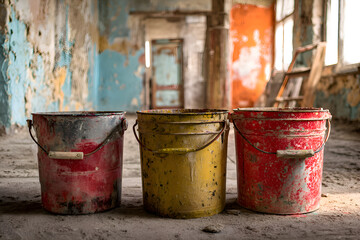 Fototapeta premium Three buckets of paint abandoned in a ruined building undergoing renovation