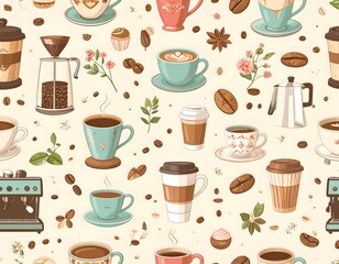 Vintage Coffee-Themed Seamless Pattern with Cups and Beans