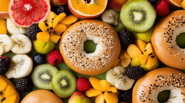 Vibrant Pile of Fresh Fruit and Warm Bagel on Rustic Wooden Table