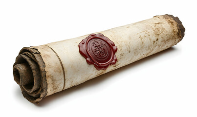 Old scroll with red wax seal, rolled parchment paper, weathered and stained, isolated on white background