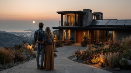 A couple standing with their arm around each other in front of a sleek beautiful house in golden sun, admiring it immensely the front yard, garden, solar panel roofing