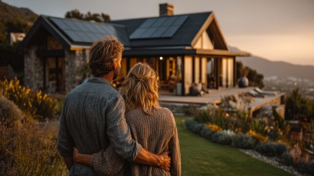 Couple Admiring Their New Sustainable Home at Sunset - Powered by Adobe