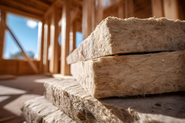 Obraz na płótnie Canvas Mineral wool insulation stacked inside wooden frame house under construction