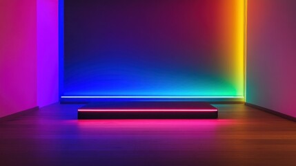 Minimalist neon podium in a colorful room with vibrant lighting.