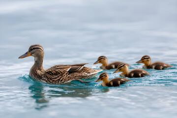 Mother duck swimming with her ducklings on a lake