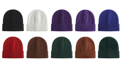Set of 10 Colored Knit Beanies – White, Black, Red, Brown, Purple, Green, and Blue Knit Caps Mockup for Fashion and Apparel Design