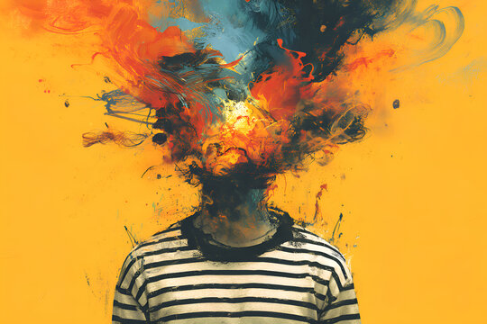 Young man exploding head with colorful smoke on yellow background