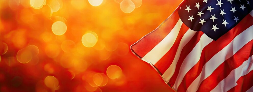 American flag waving against a vibrant orange bokeh background