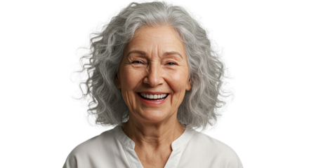 A radiant senior woman with silver curly hair beams a joyful smile, isolated on transparent background