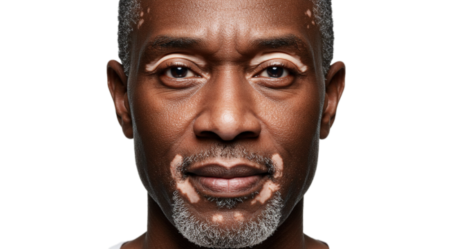 A closeup portrait of a man with vitiligo, isolated on transparent background, his dark skin contrasted by patches of depigmentation, his gaze direct and unwavering