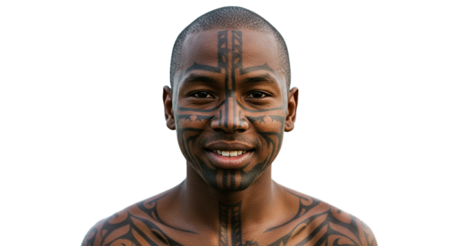 A young man, isolated on transparent background, smiles serenely, his face and chest adorned with intricate black tribal tattoos