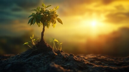 Small sapling growing from soil at sunset.