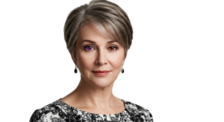 A woman with short gray hair and one purple eye, isolated on transparent background, wears a black and white patterned blouse