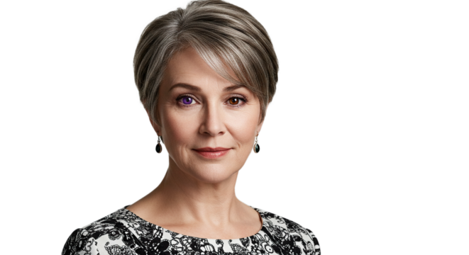 A woman with short gray hair and one purple eye, isolated on transparent background, wears a black and white patterned blouse