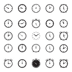 Collection of black and white clock and stopwatch icons