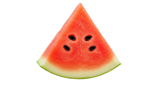 A vibrant red watermelon slice, isolated on transparent background, showcases its juicy flesh and dark seeds in a triangular shape