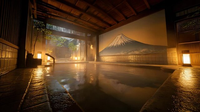 木造屋内露天風呂の石畳浴槽と行灯照明、壁画に富士山を描いた温泉旅館の浴室