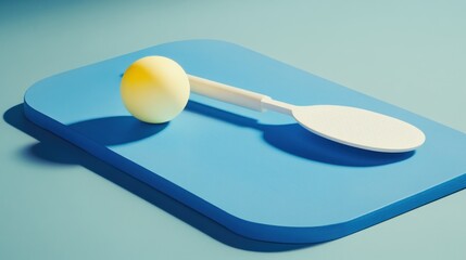 Minimalist composition of a yellow ball and a white paddle on a light blue surface.