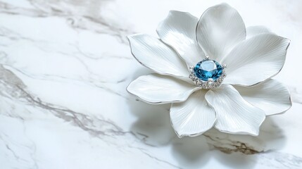 Elegant white porcelain flower brooch with a blue gemstone.