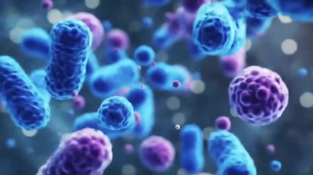 Close up view of various blue and purple bacteria cells floating in a microscopic environment