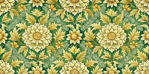 Ornamental floral pattern in vibrant yellow and green hues.