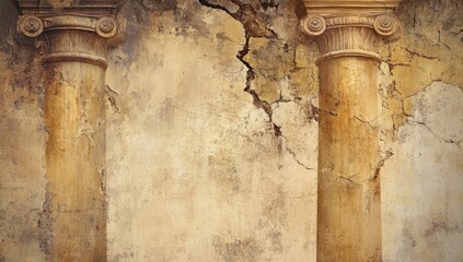 Two weathered columns on a cracked ancient wall