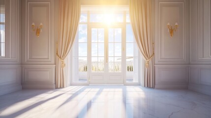 Luxurious, sun-drenched, elegant interior with large windows, showcasing a spacious, opulent room with marble flooring, paneled walls, and golden accents.