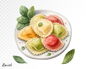 Colorful homemade ravioli in red, yellow, and green with basil leaves on ceramic plate. Tasty Italian cuisine in realistic style. Vector illustration.