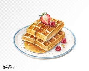 Plate of crispy golden waffles with strawberries, raspberries, and syrup. Sweet breakfast or brunch food in realistic hand-drawn style. Vector illustration.