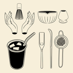 Matcha tea illustration set. Original hand-drawn green tea illustrations featuring matcha brewing utensils, a bamboo matcha whisk, and a Japanese matcha green tea brewing brush for posters, cards, caf