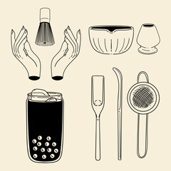 Matcha tea illustration set. Original hand-drawn green tea illustrations featuring matcha brewing utensils, a bamboo matcha whisk, and a Japanese matcha green tea brewing brush for posters, cards, caf