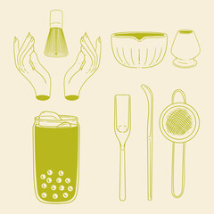 Matcha tea illustration set. Original hand-drawn green tea illustrations featuring matcha brewing utensils, a bamboo matcha whisk, and a Japanese matcha green tea brewing brush for posters, cards, caf