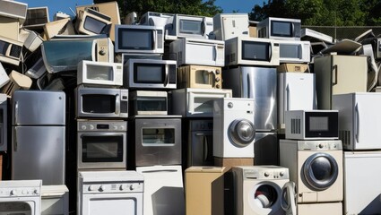 A cluttered junkyard filled with discarded appliances and metal waste.