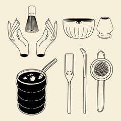 Matcha tea illustration set. Original hand-drawn green tea illustrations featuring matcha brewing utensils, a bamboo matcha whisk, and a Japanese matcha green tea brewing brush for posters, cards, caf