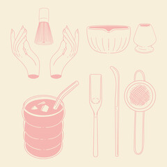 Matcha tea illustration set. Original hand-drawn green tea illustrations featuring matcha brewing utensils, a bamboo matcha whisk, and a Japanese matcha green tea brewing brush for posters, cards, caf