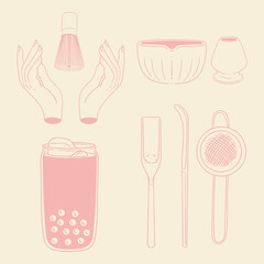 Matcha tea illustration set. Original hand-drawn green tea illustrations featuring matcha brewing utensils, a bamboo matcha whisk, and a Japanese matcha green tea brewing brush for posters, cards, caf