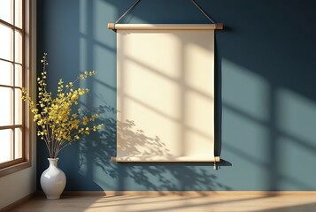 Blank Beige Canvas Mockup on Gray Wall with Sunlight and Branch.