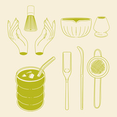 Matcha tea illustration set. Original hand-drawn green tea illustrations featuring matcha brewing utensils, a bamboo matcha whisk, and a Japanese matcha green tea brewing brush for posters, cards, caf