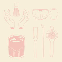 Matcha tea illustration set. Original hand-drawn green tea illustrations featuring matcha brewing utensils, a bamboo matcha whisk, and a Japanese matcha green tea brewing brush for posters, cards, caf