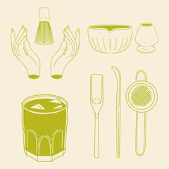 Matcha tea illustration set. Original hand-drawn green tea illustrations featuring matcha brewing utensils, a bamboo matcha whisk, and a Japanese matcha green tea brewing brush for posters, cards, caf