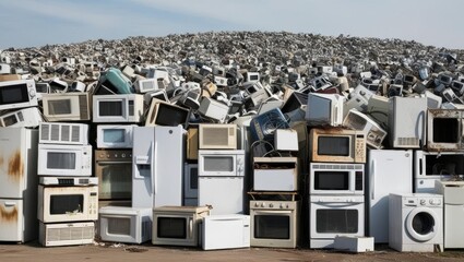 A junkyard filled with discarded microwaves, fridges, and washing machines.