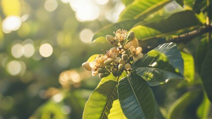 Close-up of  small, light yellow flowers in clusters on a tree branch, vibrant green leaves, bathed in sunlight.