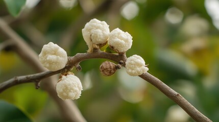 Close-up of off-white, bulbous growths on a tree branch.