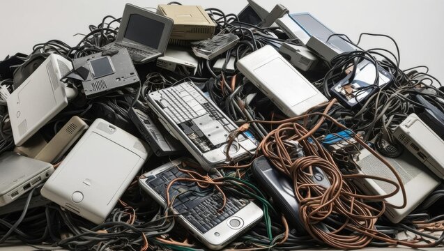 A pile of electronic waste, including old devices and cables.