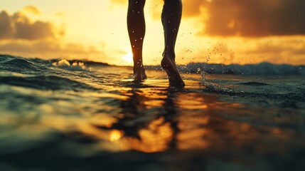 Surfer's legs walking on a surfboard on a sunset ocean wave.